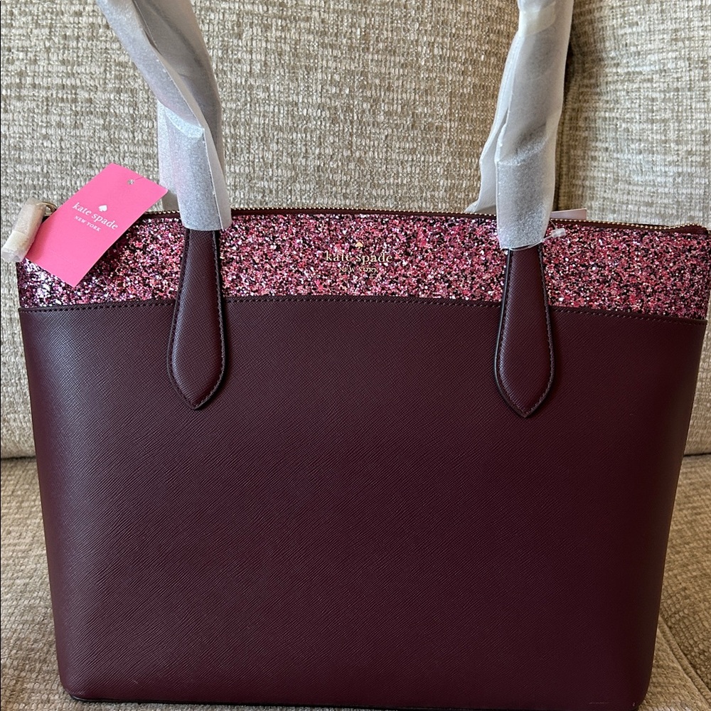 Kate Spade Flash Mixed Media Glitter Tote in Cherrywood-NWT - Picture 6 of 6